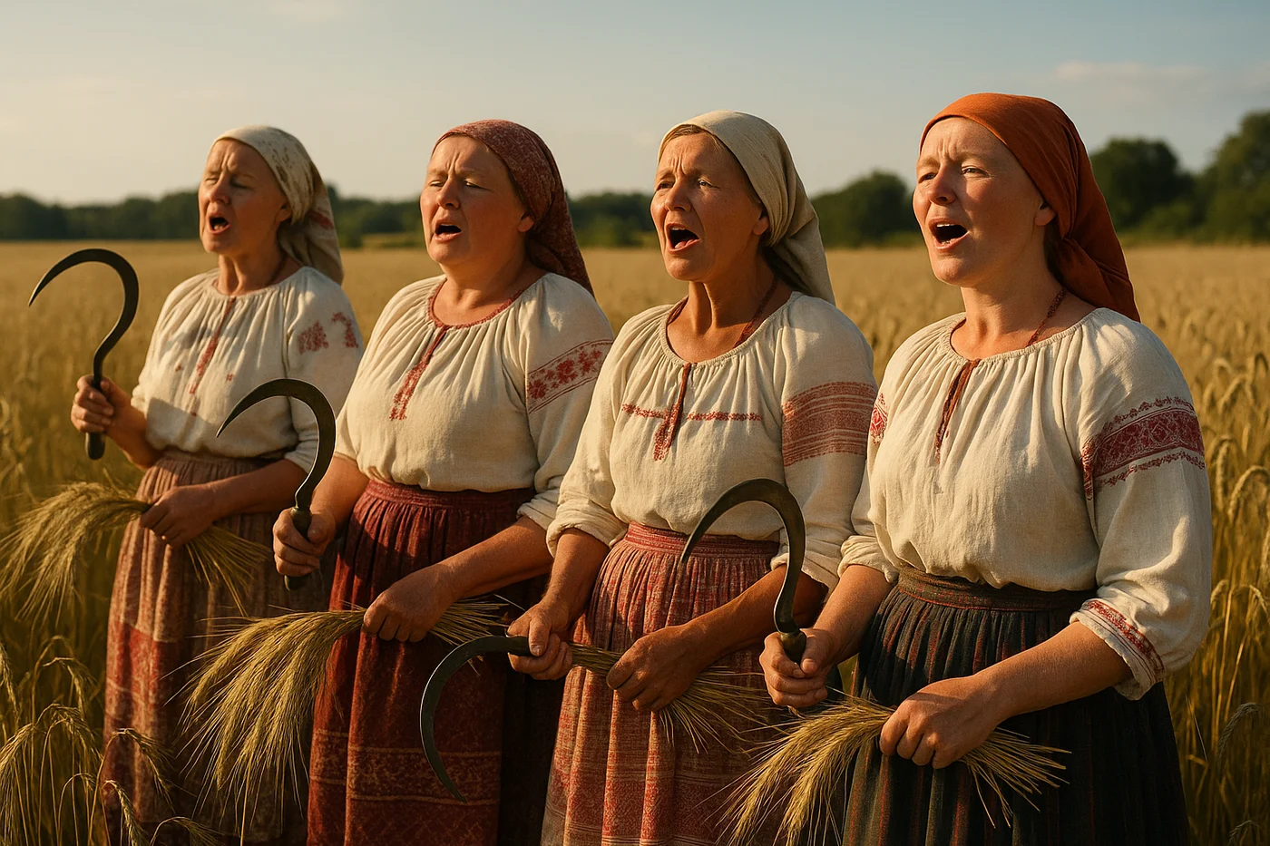 Moissonneuses chantant en rang dans un champ de Russie centrale