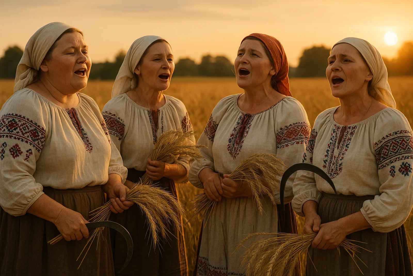 Groupe de moissonneuses slaves chantant en rang dans un champ de blé au soleil couchant