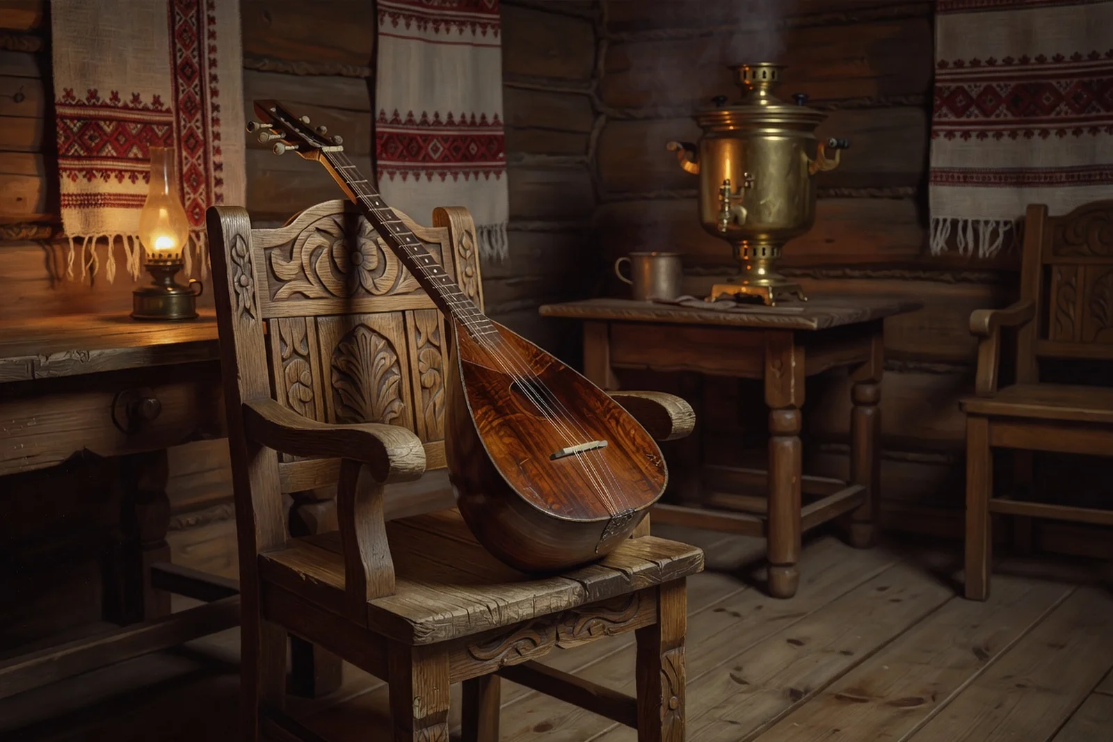 Domra russe à trois cordes posée sur une chaise sculptée dans une isba, lumière chaude