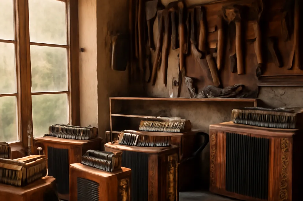 Atelier de luthier avec accordéons diatoniques en cours de restauration
