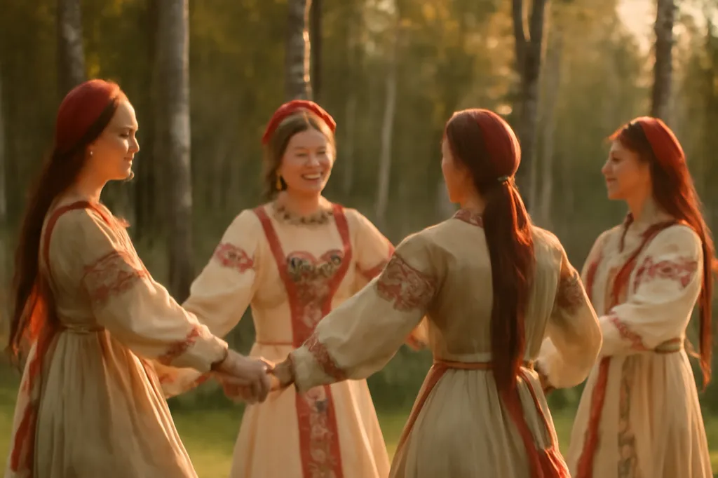 Ronde khorovod dansée par des femmes en costume traditionnel russe