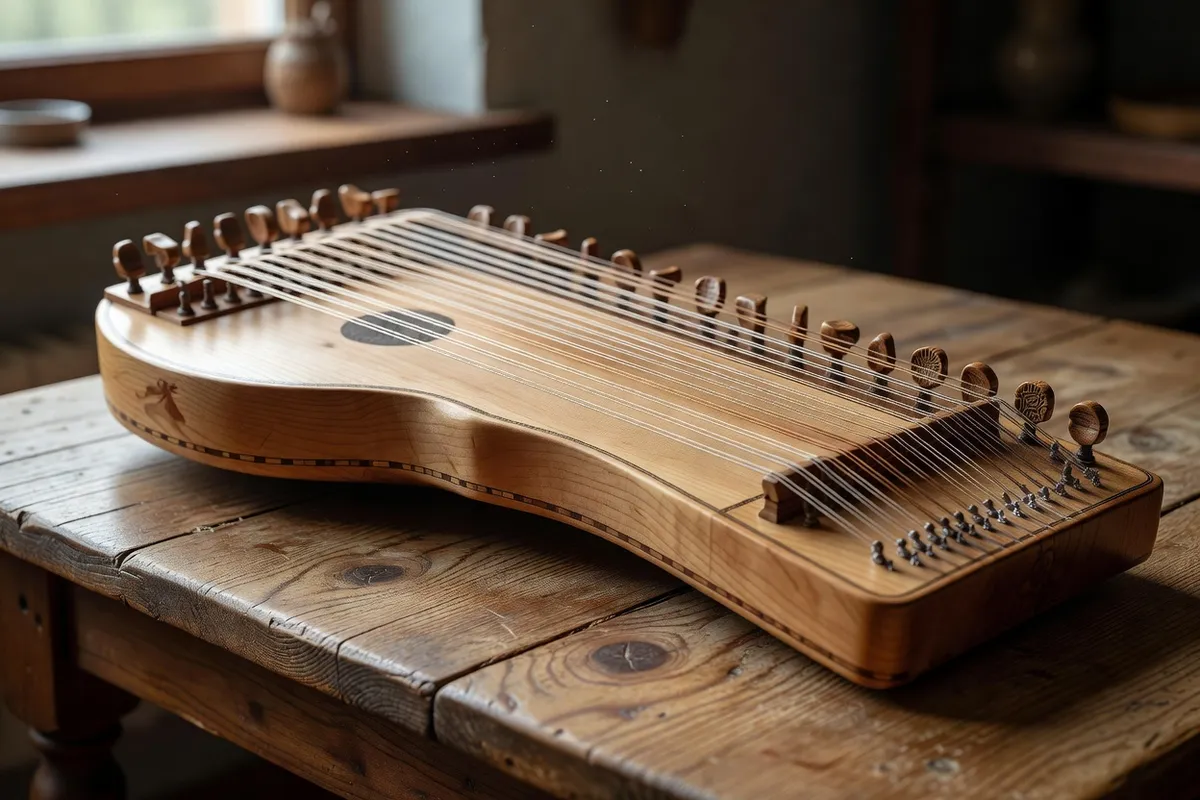 Gusli traditionnel russe pose sur une table en bois