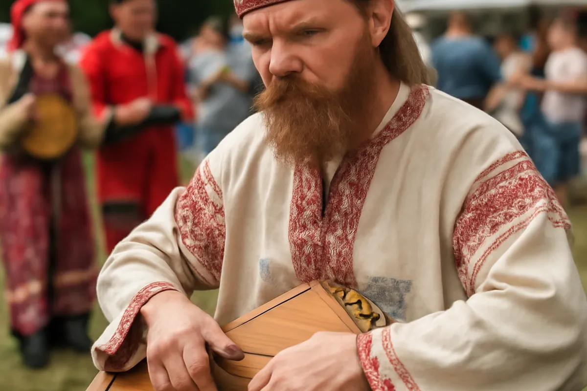 Gouslar jouant du gusli lors d’une fete folklorique