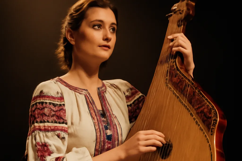 Jeune musicienne jouant d’un instrument traditionnel slave sur scène