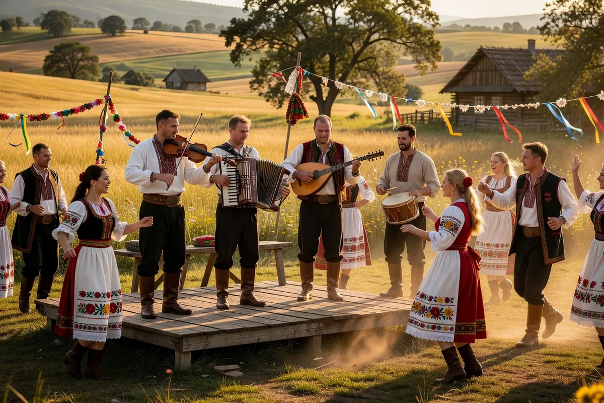Musiciens moldaves jouant du cimbalom et de la cobză lors d’une fête de village