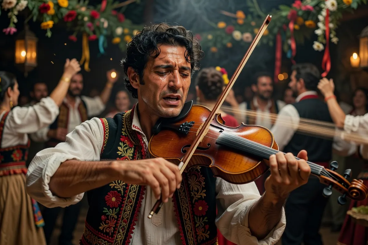 Violoniste tzigane et joueur de cymbalum en pleine performance lors d’une fête