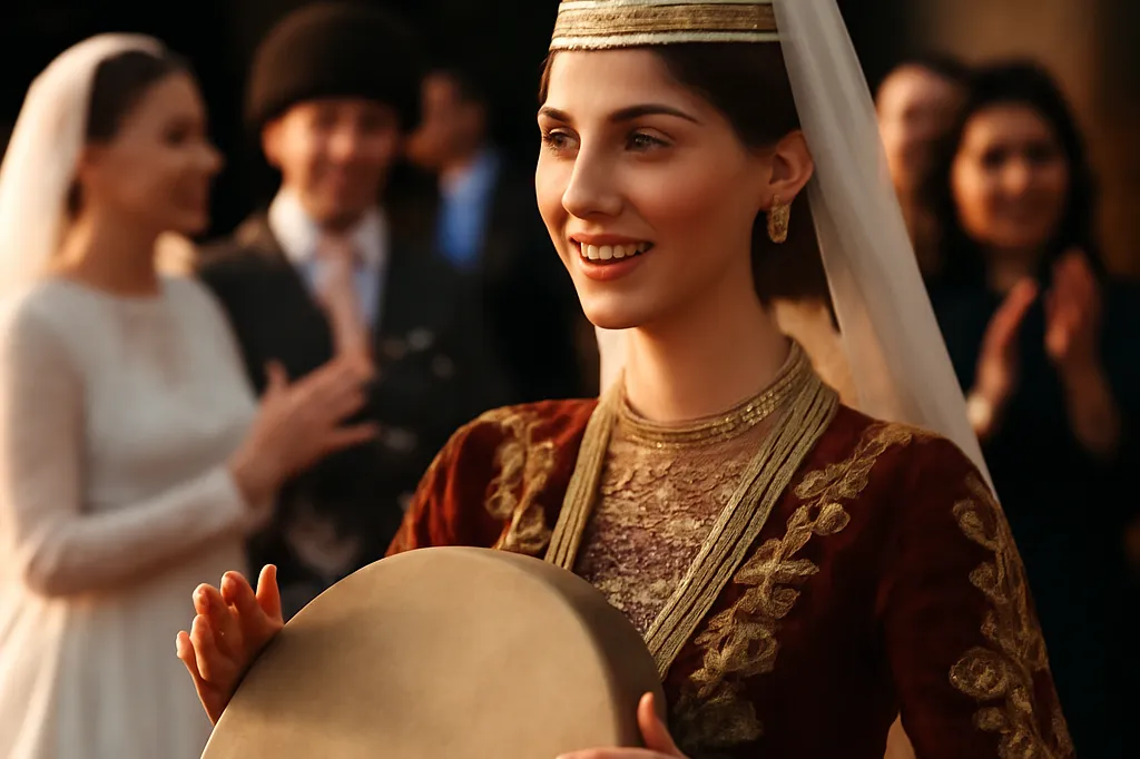 Musicienne jouant du dap lors d’une fête traditionnelle géorgienne
