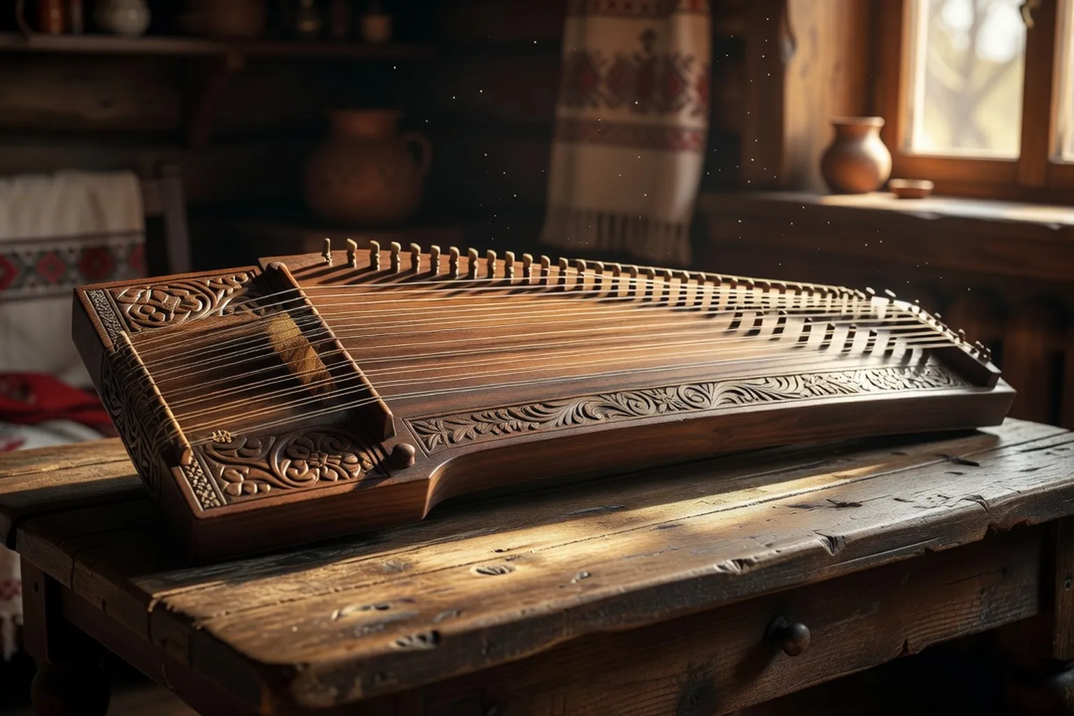 Gusli, cithare traditionnelle slave posee sur une table en bois