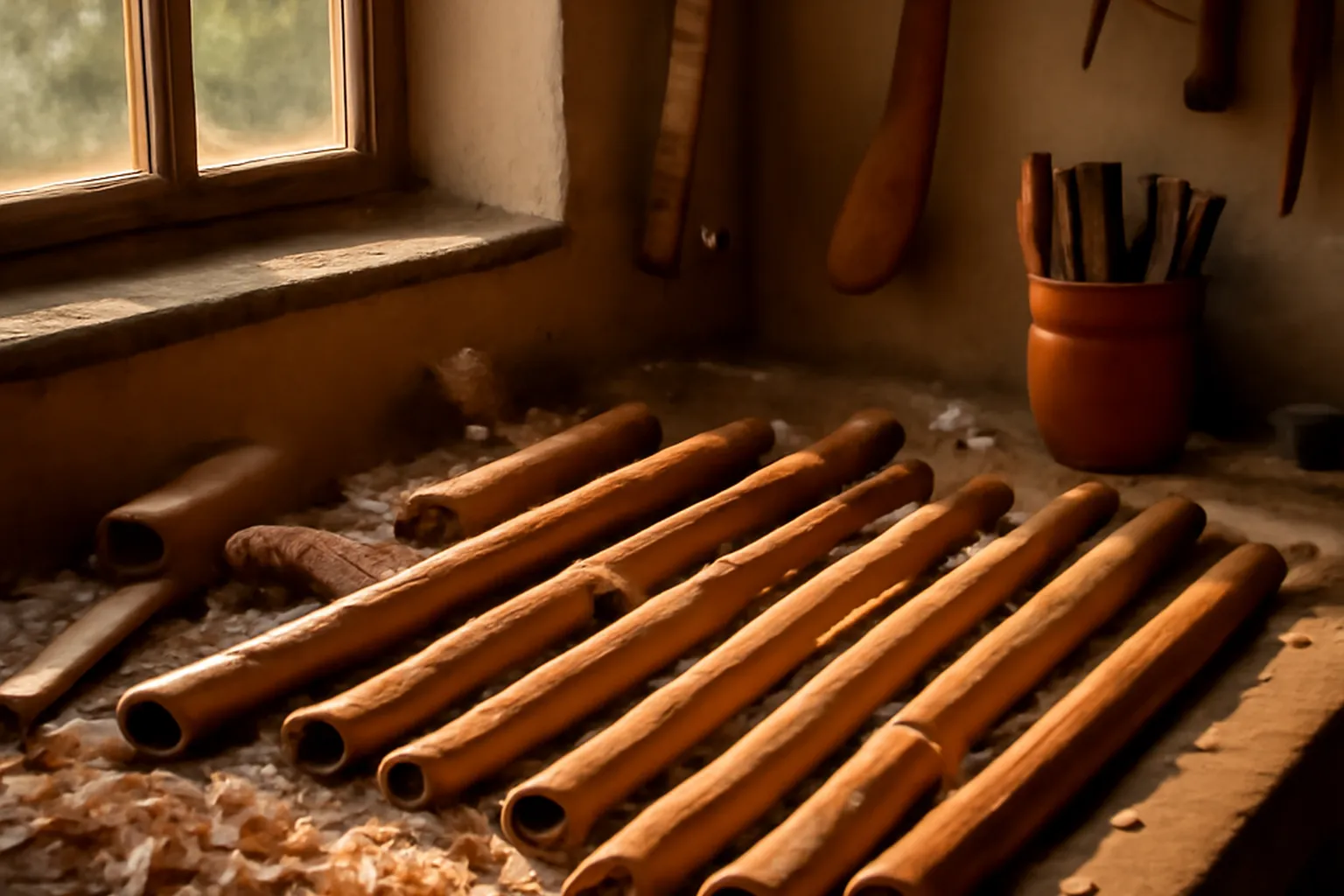 Luthier fabriquant une jaleika et un svirel dans son atelier