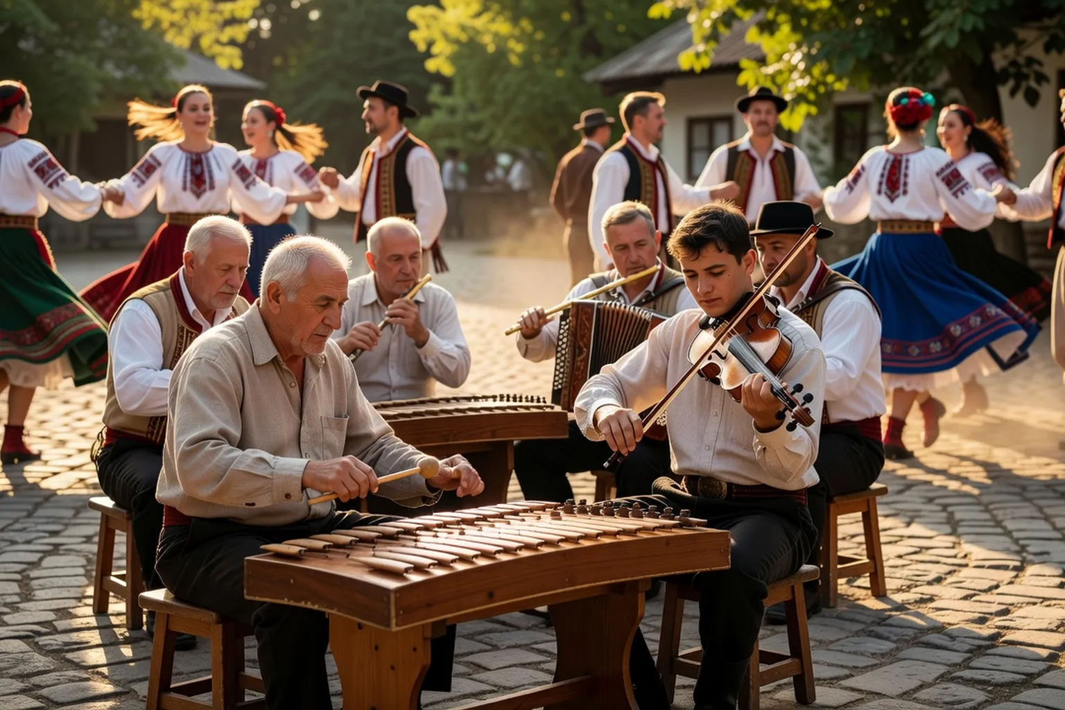 Musiciens moldaves jouant du cimbalom lors d'une fete traditionnelle