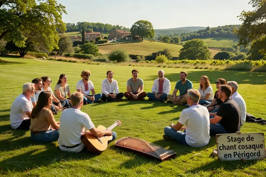 Stage de chant cosaque en Perigord, participants en cercle avec gusli