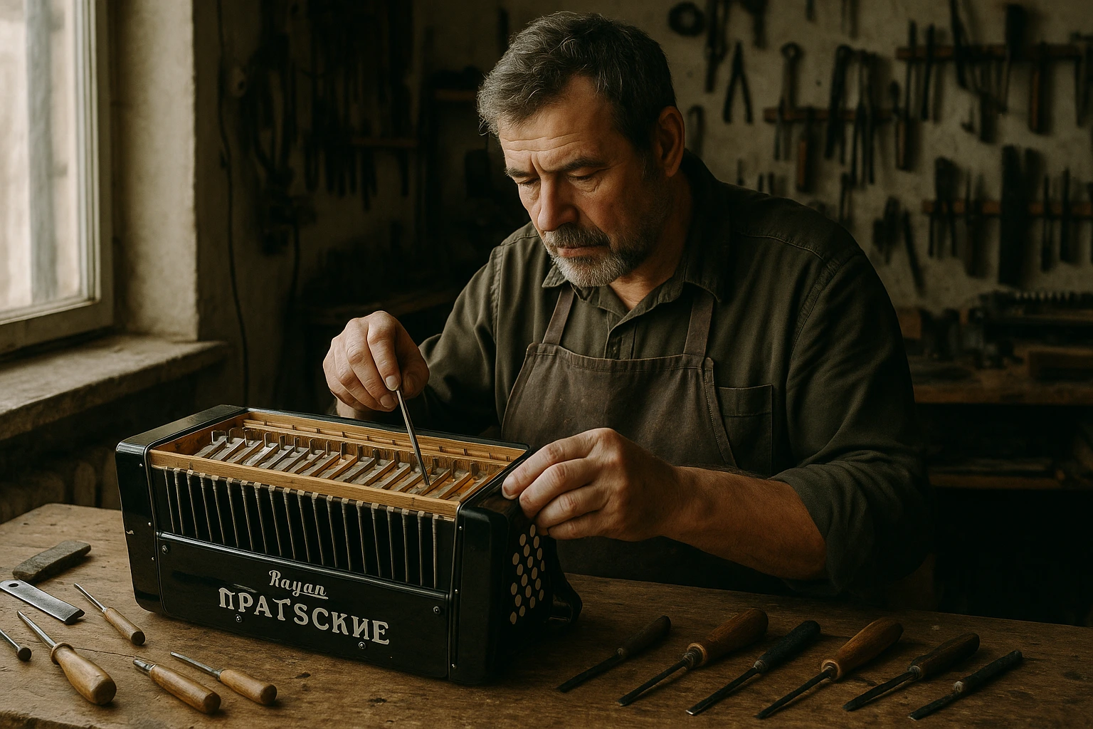Luthier réglant les anches d'un bayan dans son atelier, soufflet ouvert