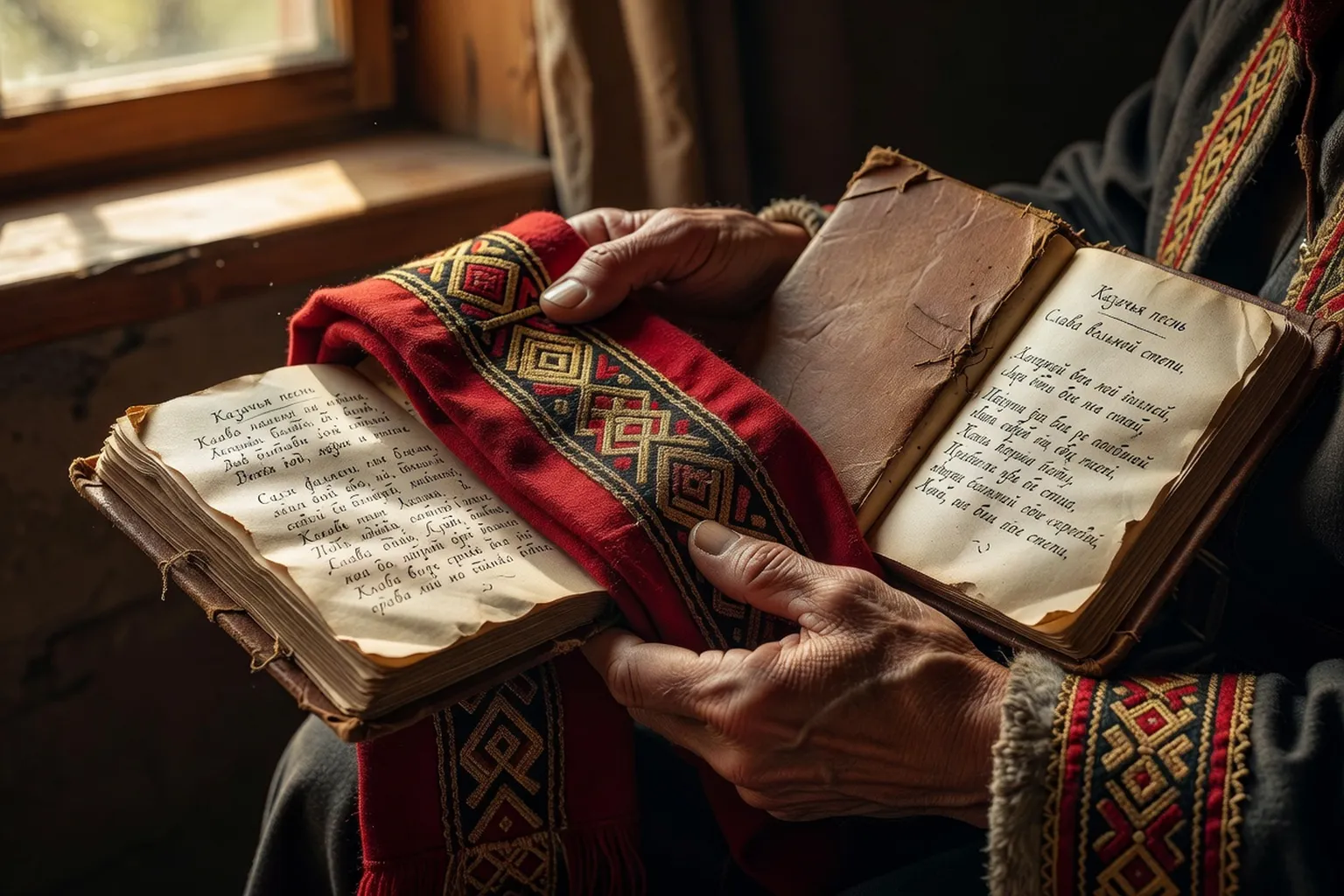 Mains de Cosaque tenant un livret de chant en cyrillique
