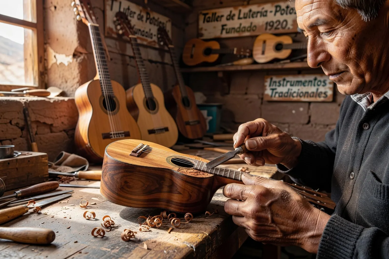 Luthier andin sculptant le corps d'un charango en jacaranda