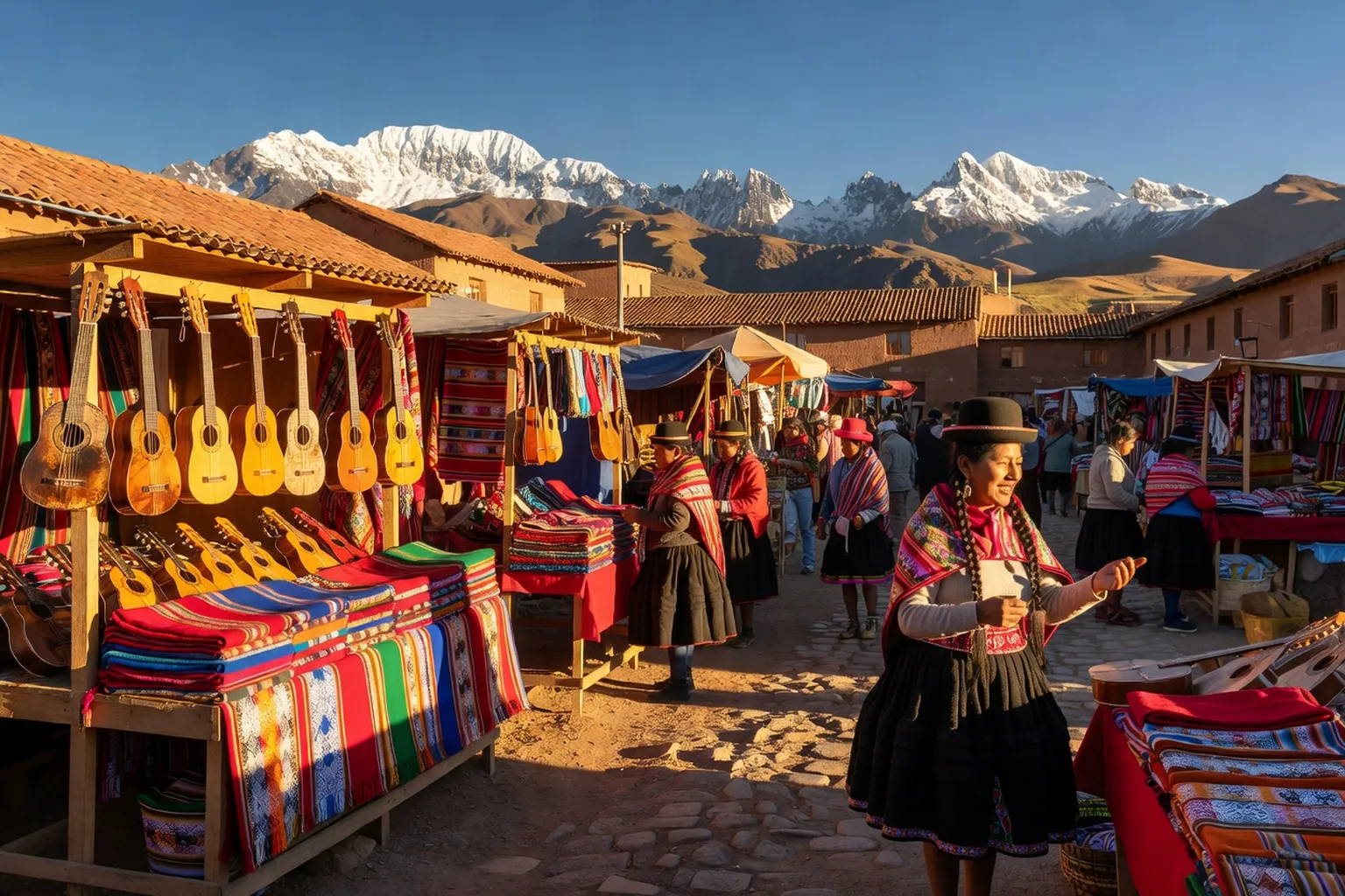 Marché bolivien vendant charangos et textiles aux couleurs vives