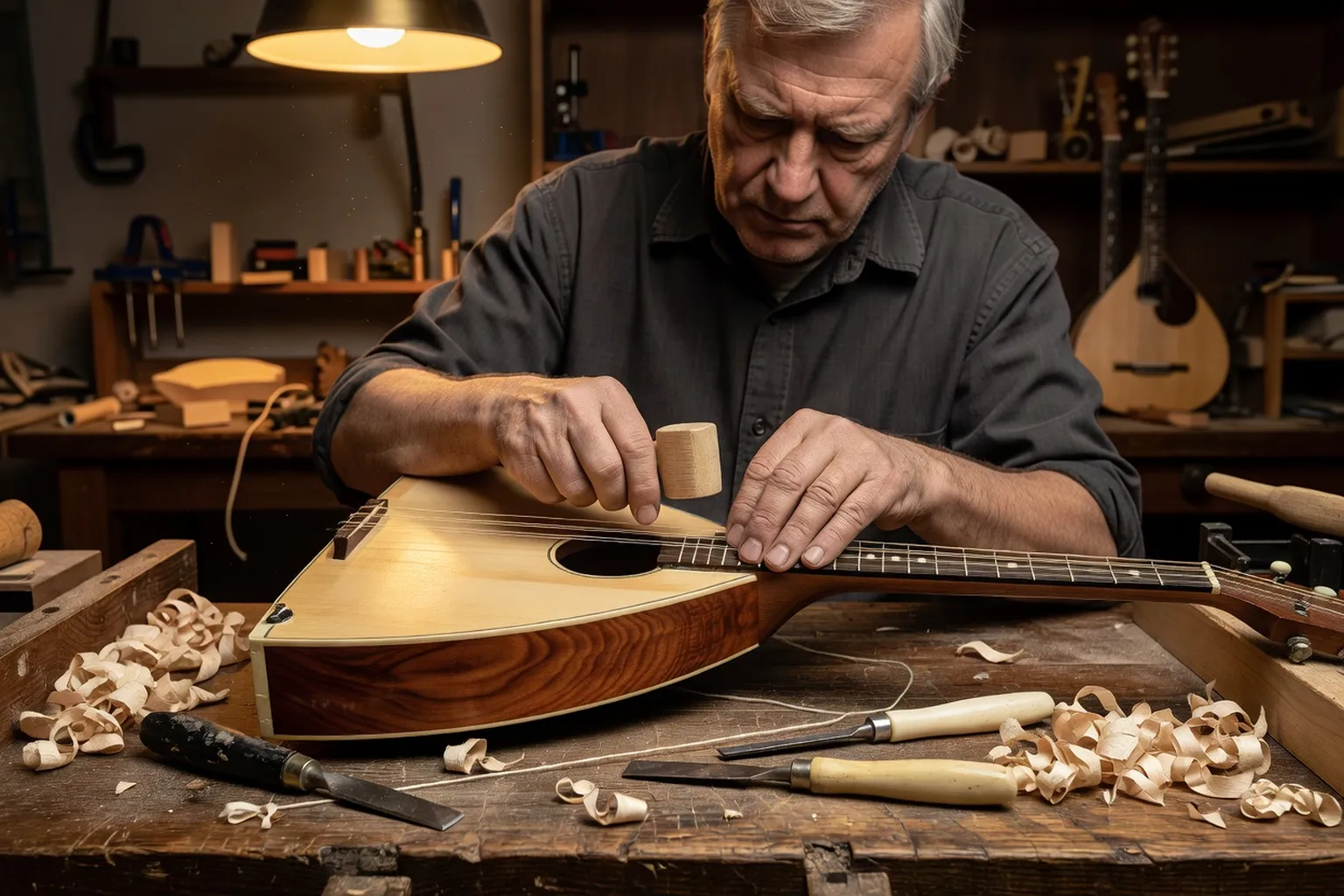 Mains de luthier ajustant les côtes d'une balalaïka triangulaire