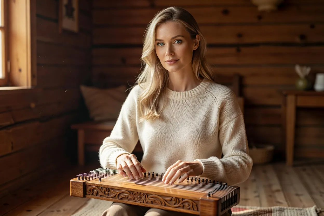 Femme estonienne jouant du kannel dans un intérieur en bois traditionnel
