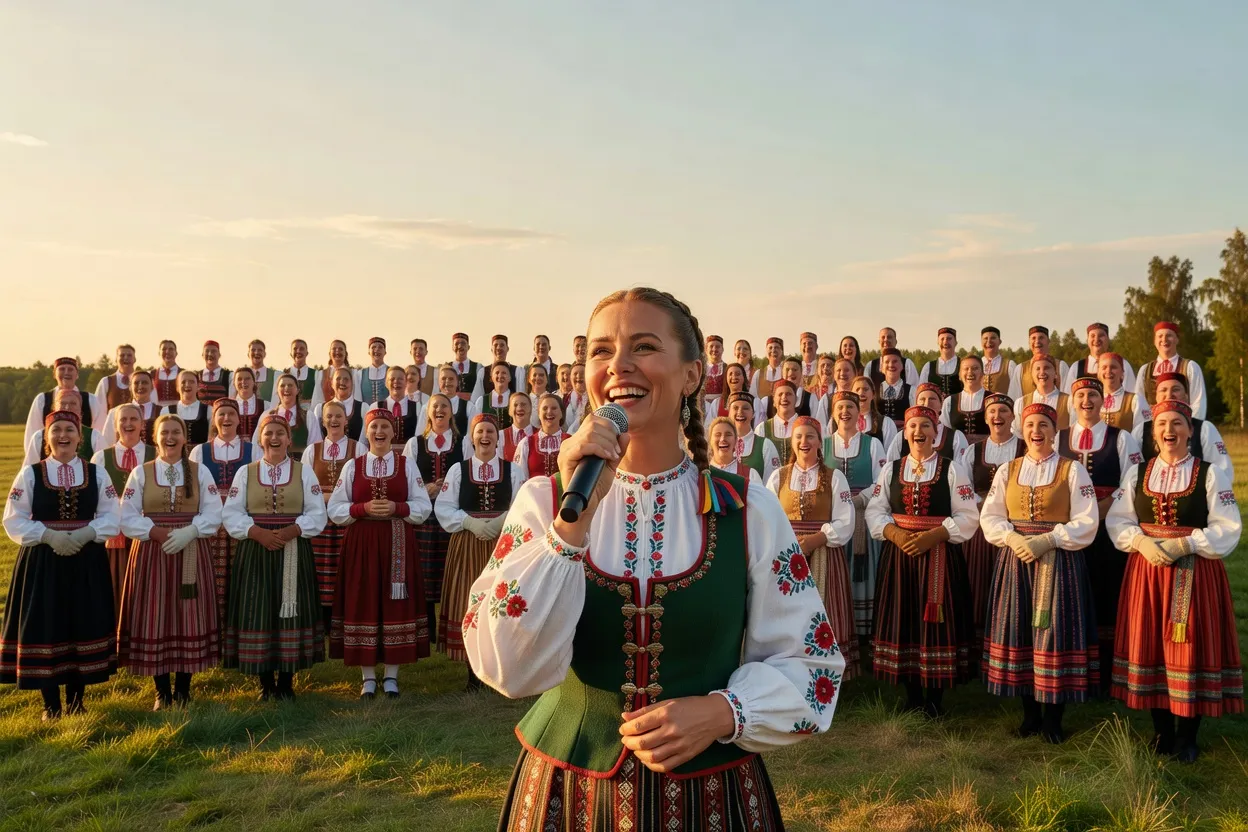 Chœur estonien massé au festival Laulupidu de Tallinn, soliste au premier plan