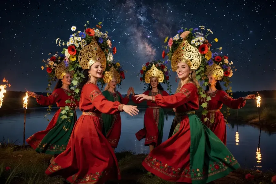 Danseuses russes en kokoshnik lors d Ivan Kupala, couronnes de fleurs