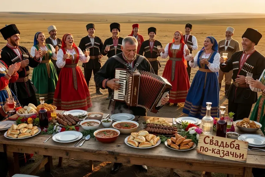 Musicien jouant le bayan lors d un mariage cosaque, convives en costume