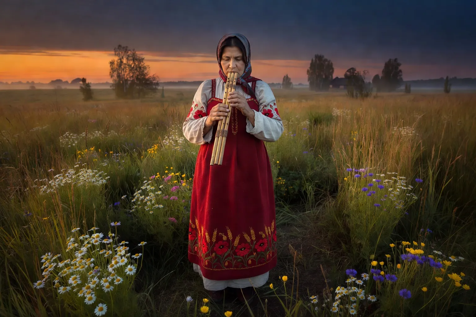 Paysanne russe jouant le kouvikli dans une prairie au crépuscule