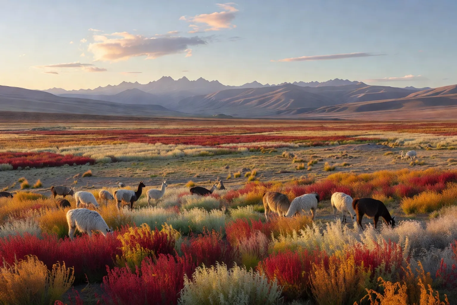 Altiplano bolivien avec lamas et champs de quinoa