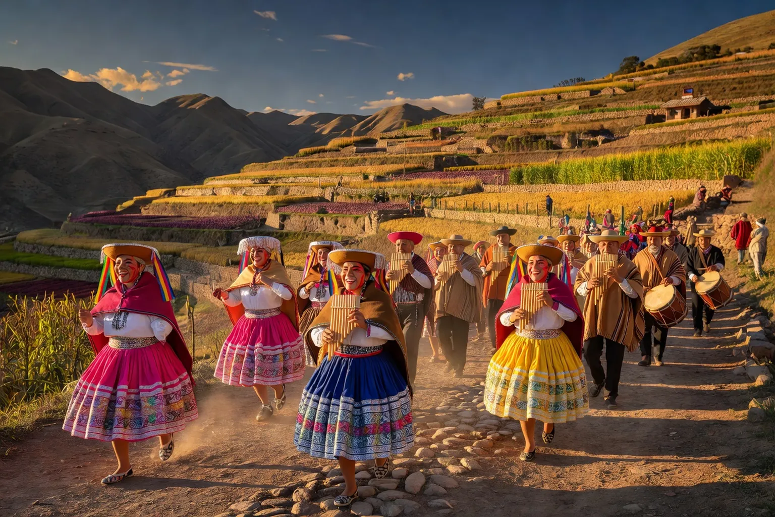 Procession festive d'instruments andins dans un village bolivien