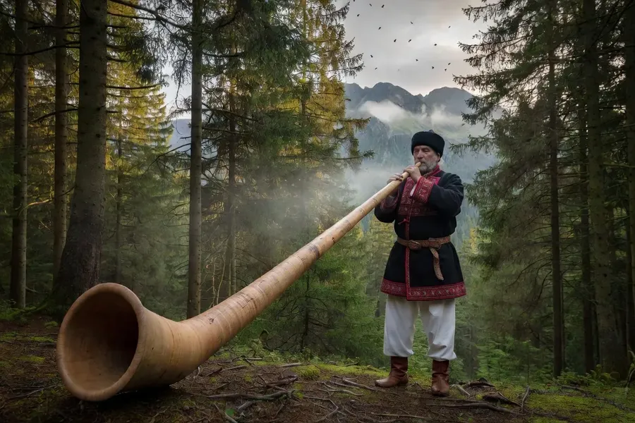 Trembita alphorn ukrainien geant, joueur en costume des Carpates