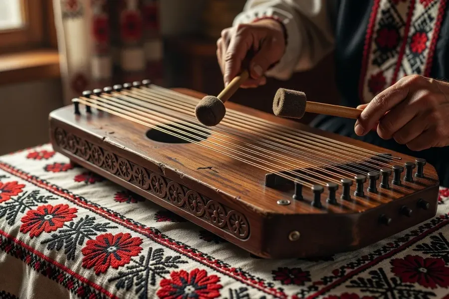 Detail du tsymbaly ukrainien, mains de musicien sur les cordes