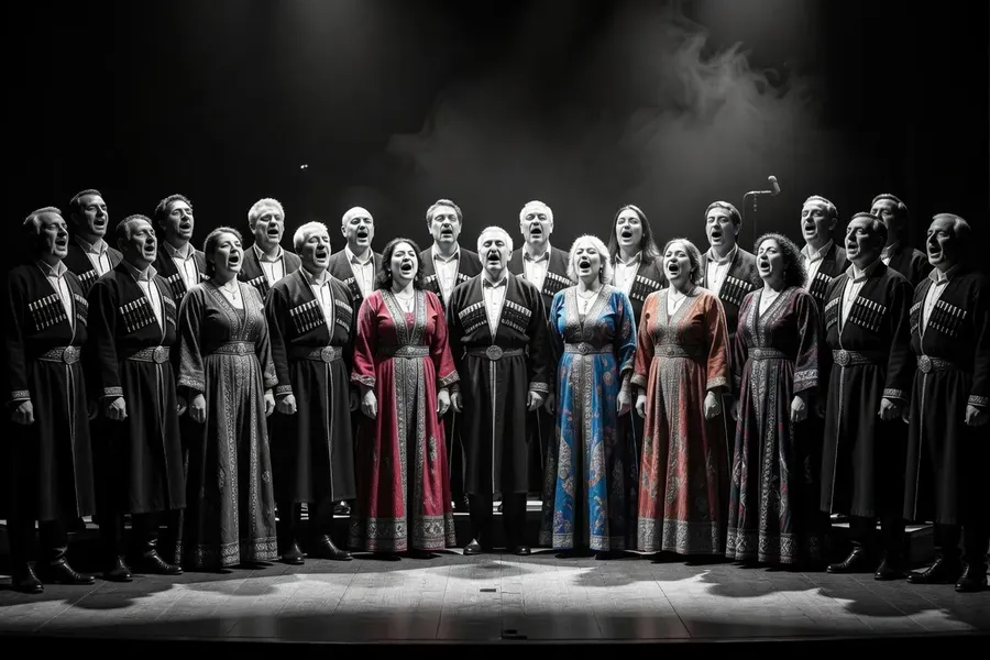 Choeur de chant polyphonique georgien en concert, robes nationales