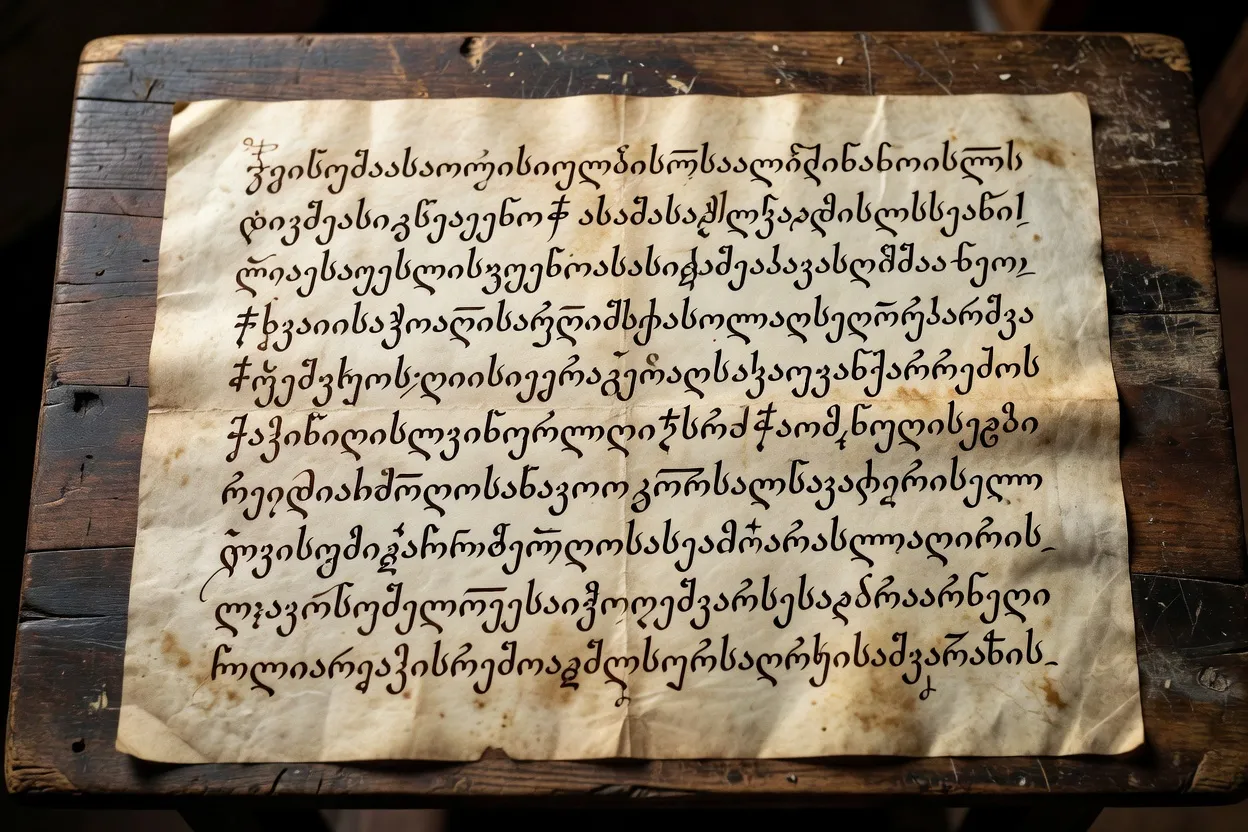 Partition de chant georgien manuscrite, notations Asmatiani sur table en bois