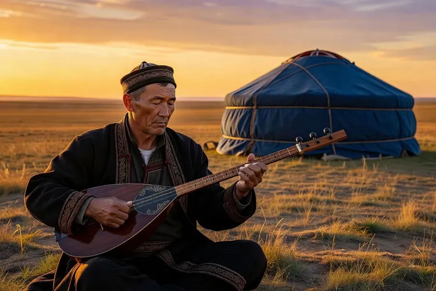 Musicien kazakh jouant la dombra devant une yourte, steppe au coucher du soleil