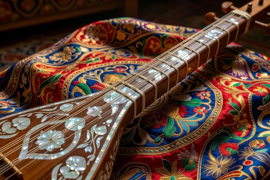 Detail d un dutar ouzbek, cordes de soie nacrees, fond soie coloree orientale