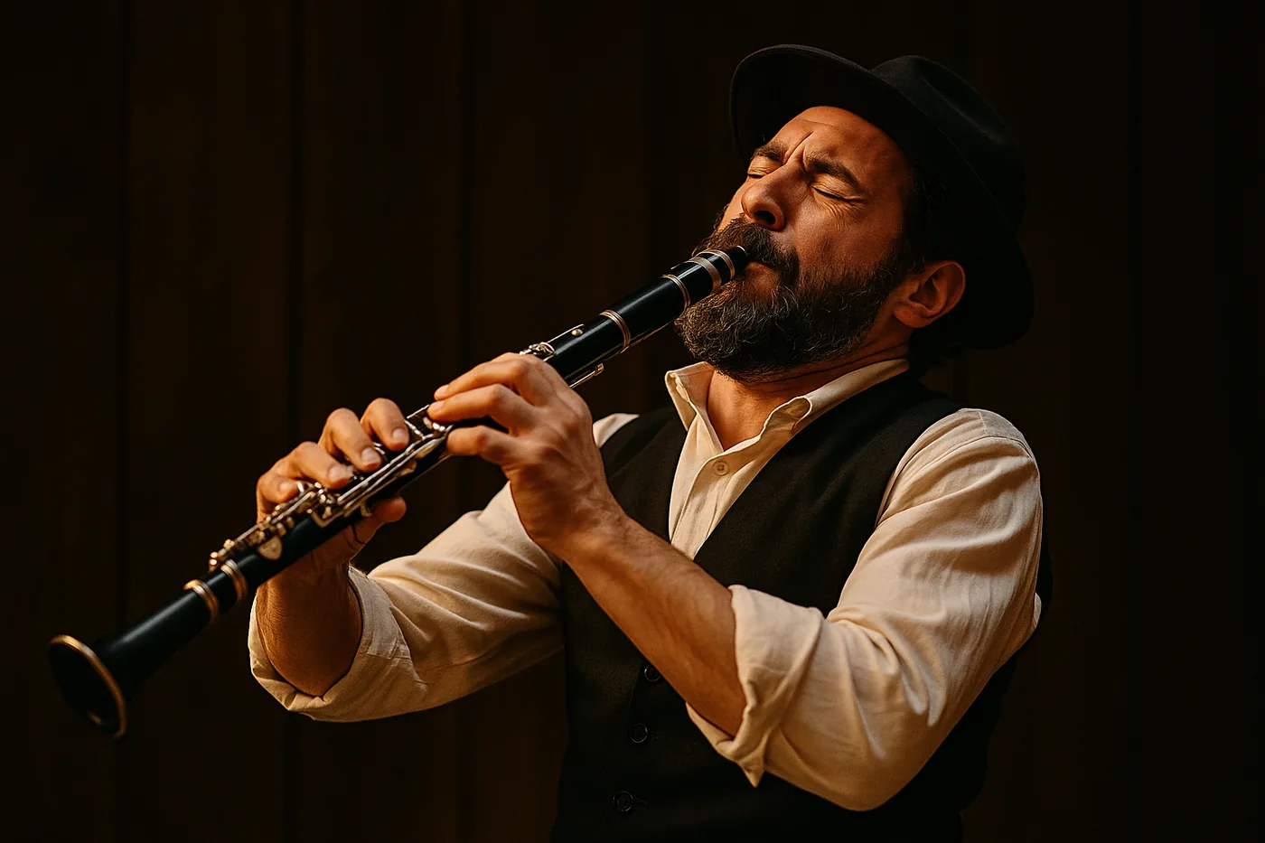 Portrait evoque d'un violoniste klezmer jouant lors d'un mariage juif ashkenaze en Galicie