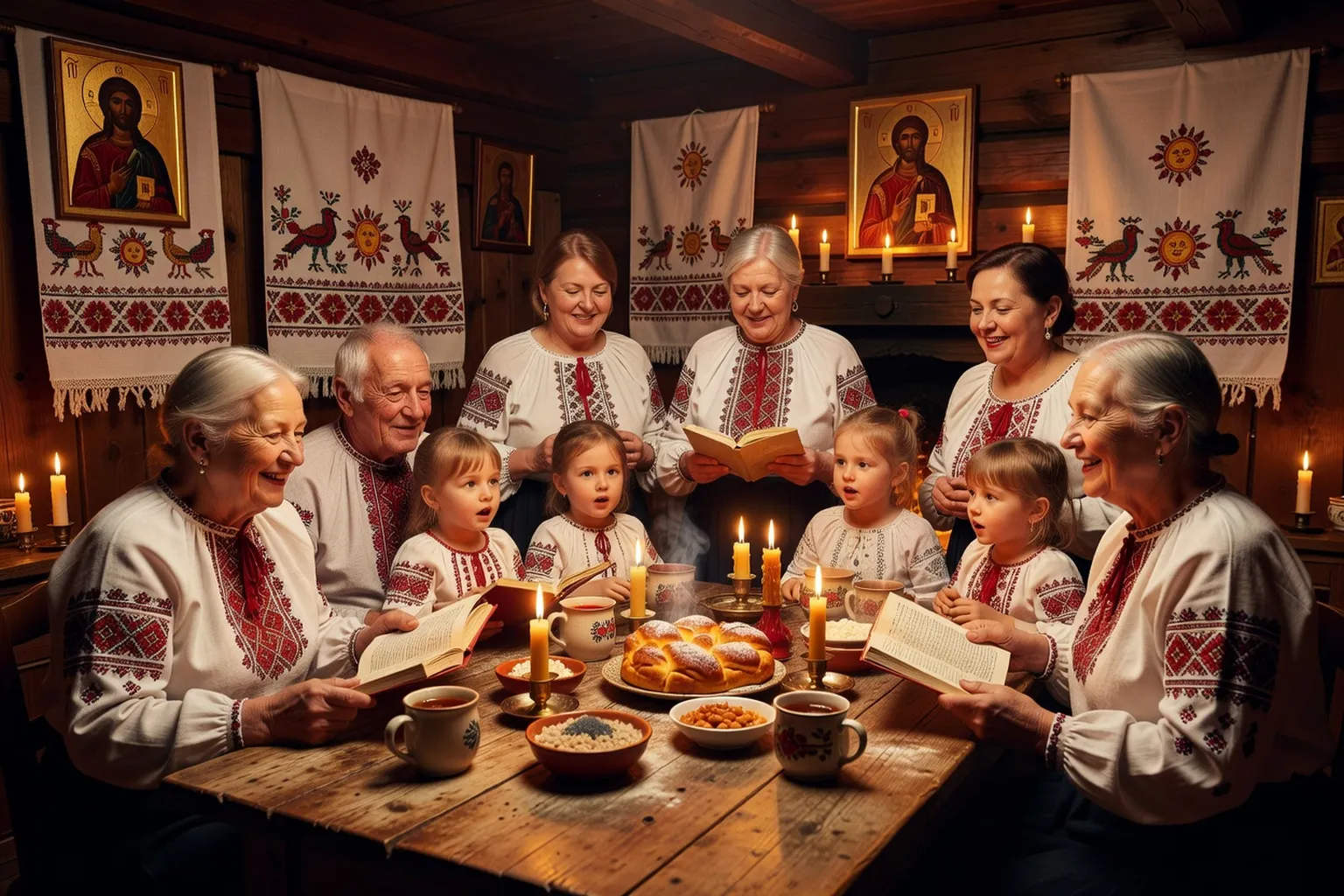 Famille ukrainienne réunie pour les koliady à la veille de Noël
