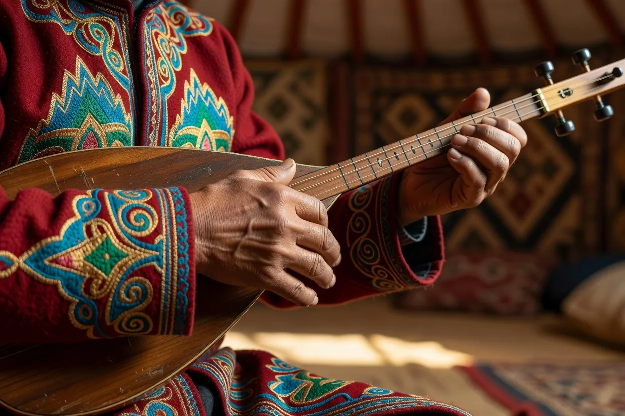 Mains d'un musicien kirghize pinçant les cordes d'un komuz dans une yourte