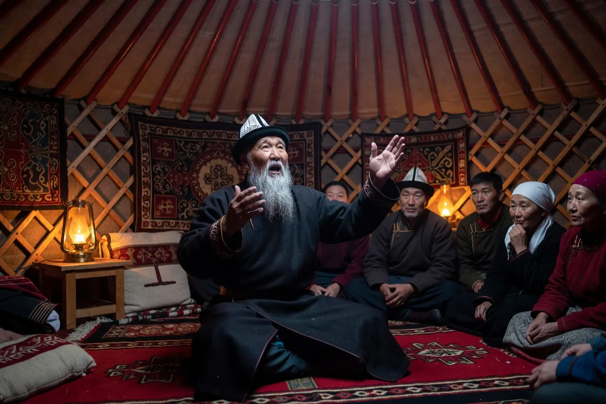 Manaschi kirghize récitant l'épopée Manas dans une yourte, entouré d'auditeurs attentifs