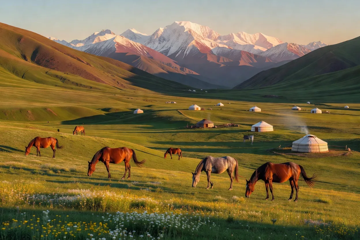 Pâturages alpins du Kirghizistan avec yourtes et chevaux au crépuscule