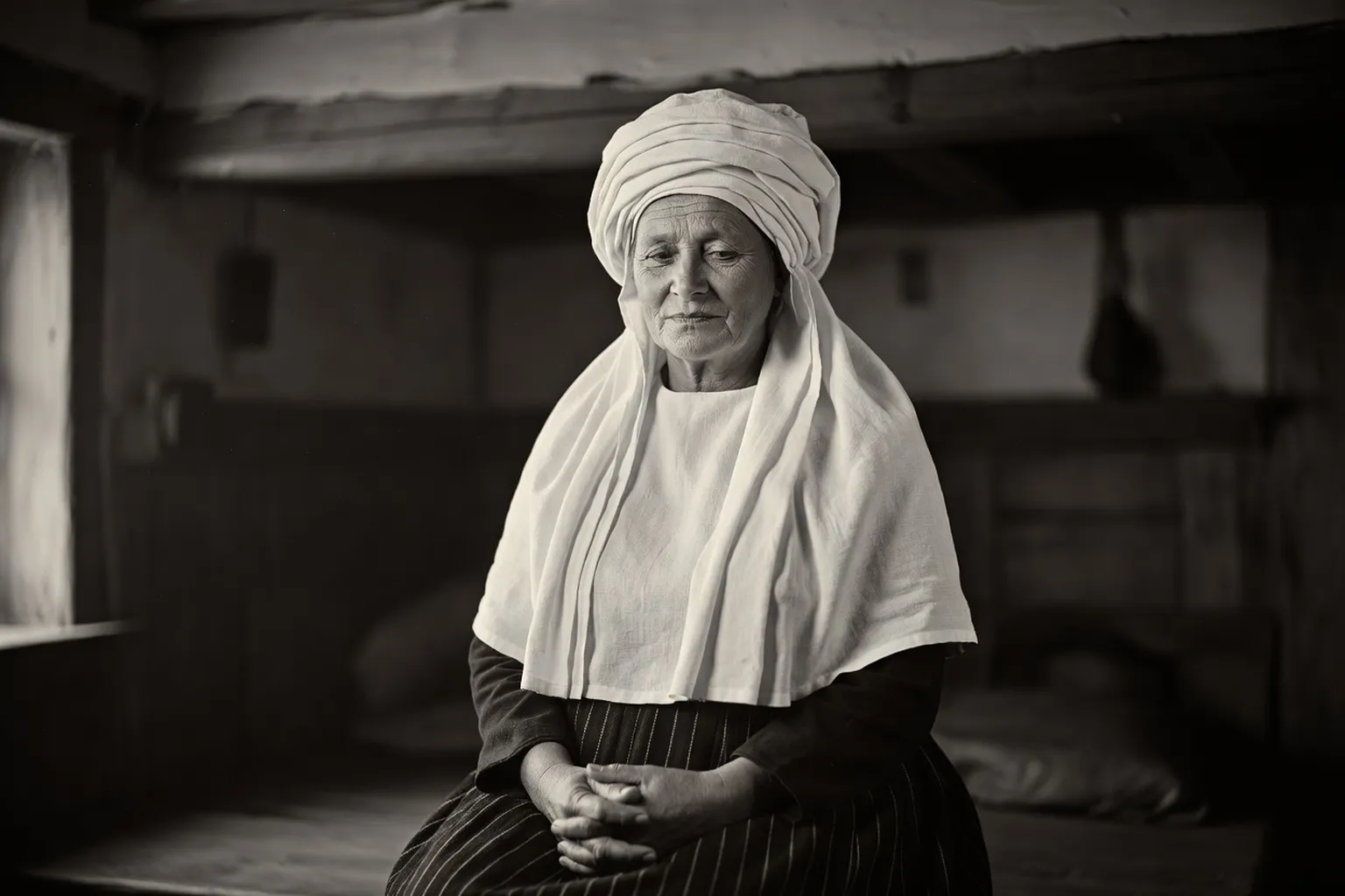 Portrait d'une femme de Pomorie en coiffe de deuil blanche