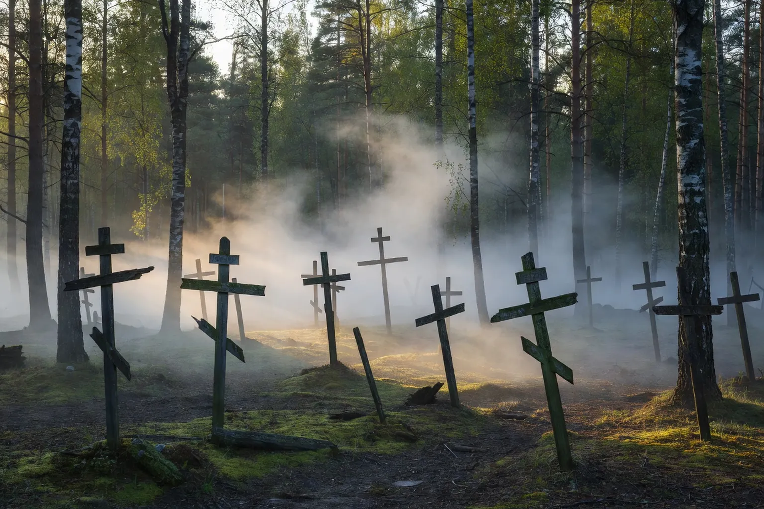 Cimetière orthodoxe russe au nord, croix de bois entre bouleaux