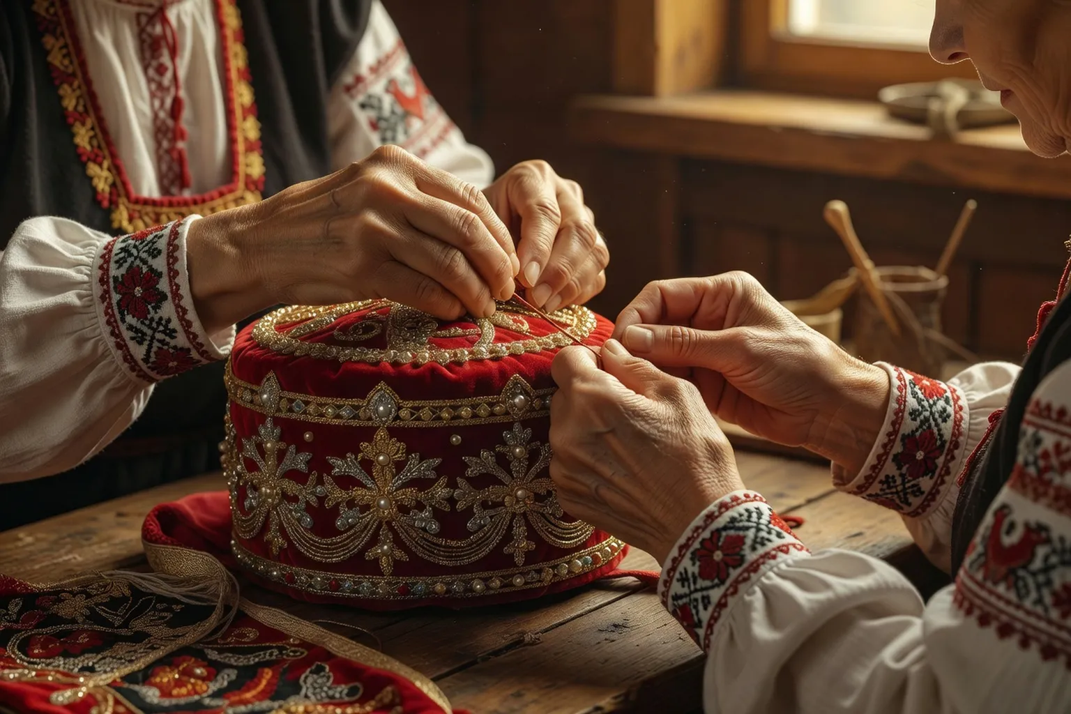 Femmes russes préparant un kokoshnik brodé pour la mariée