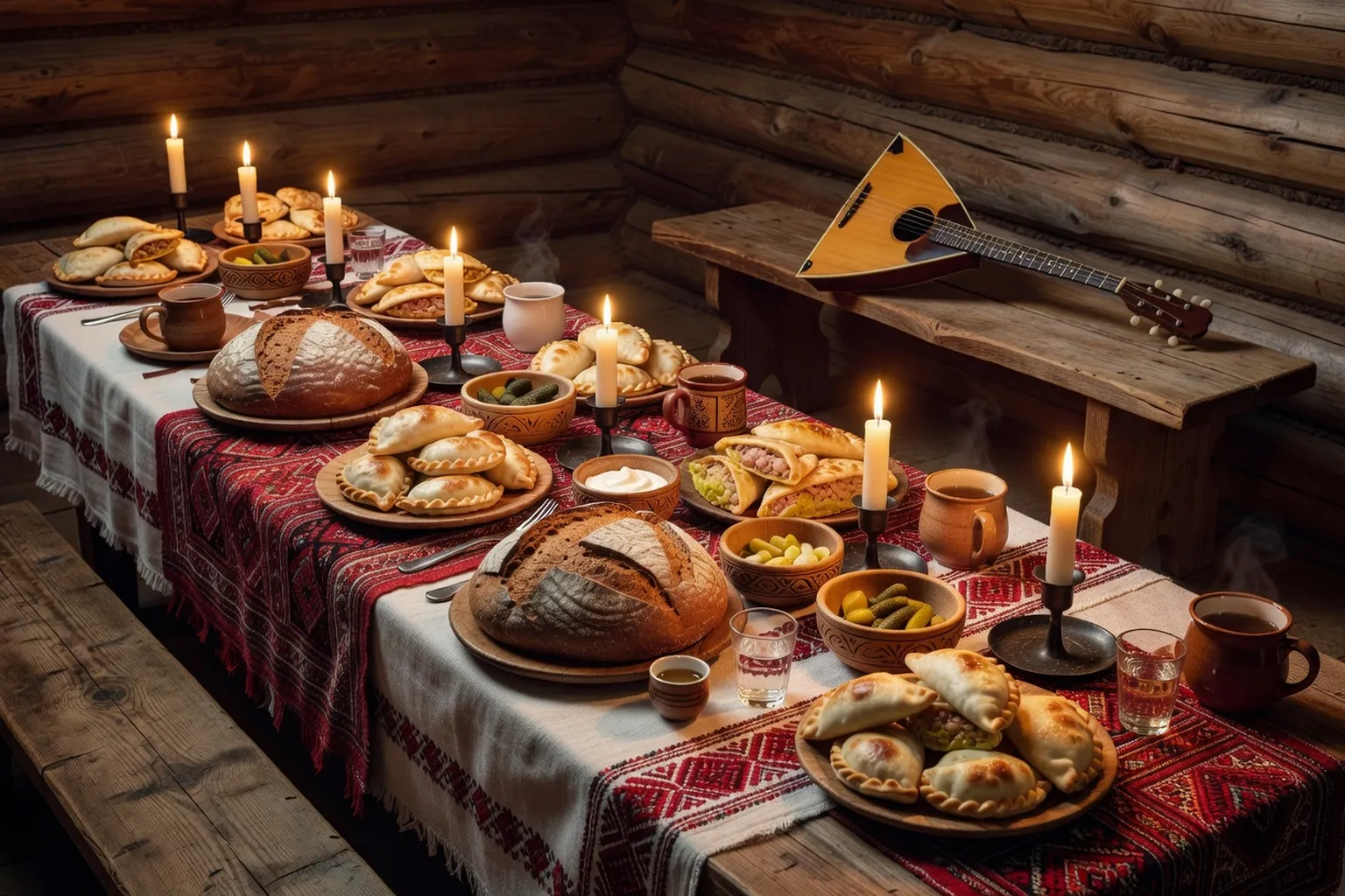 Table de mariage russe traditionnelle avec rye bread et pirogi