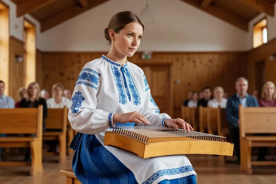 Joueuse de kannel estonienne en tenue folklorique blanche et bleue