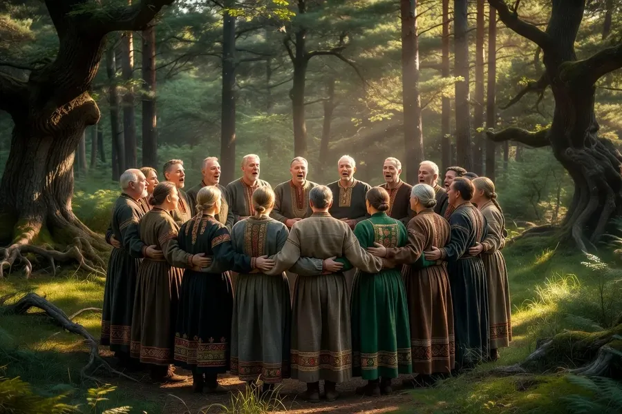 Chanteurs Sutartines lituaniens en cercle dans la foret