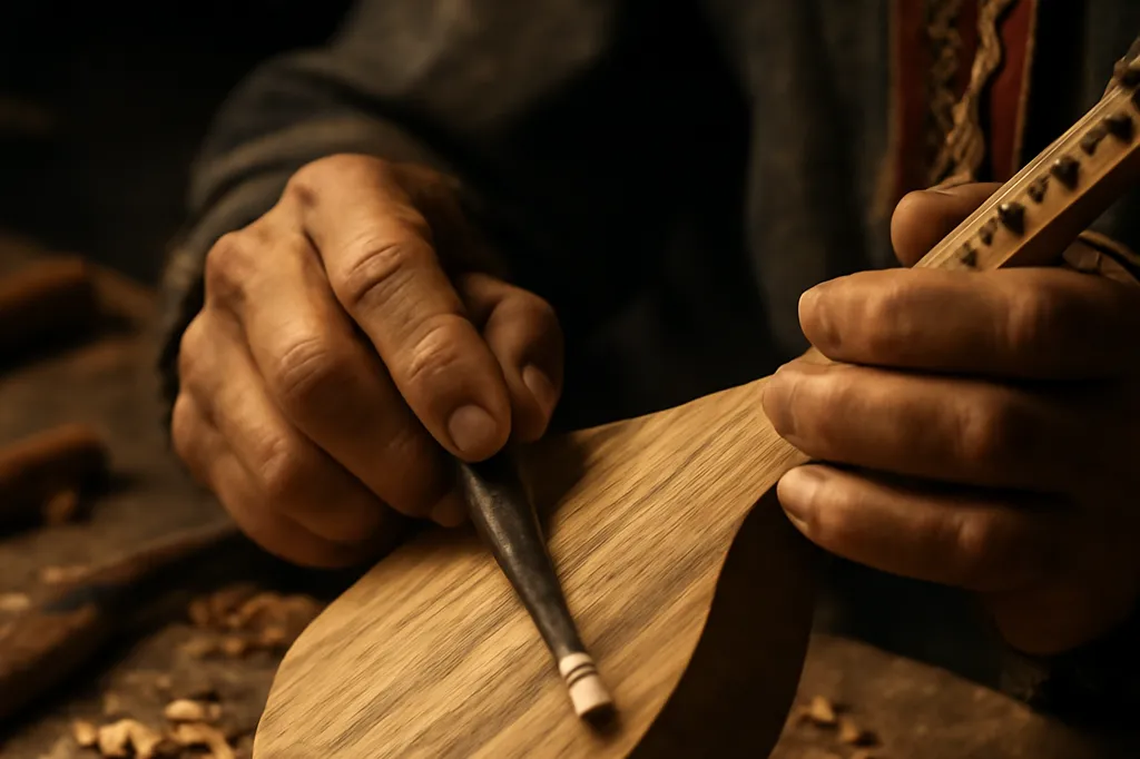 Mains d'un artisan luthier ouzbek sculptant un rubab dans du bois de mûrier