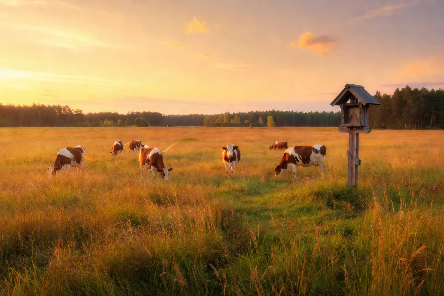 Prairie lituanienne au matin avec sanctuaire en croix de bois