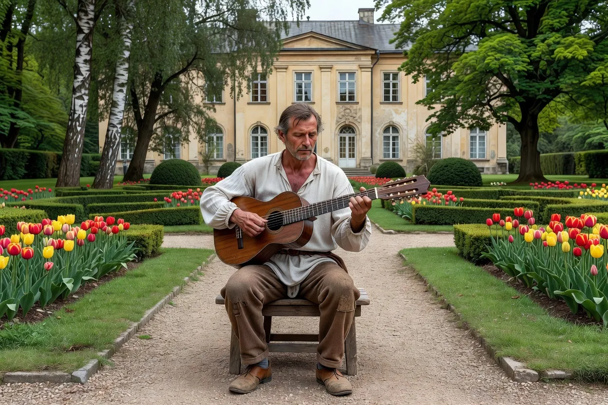 Musicien russe du XIXe siècle jouant de la guitare à sept cordes dans un jardin de domaine noble