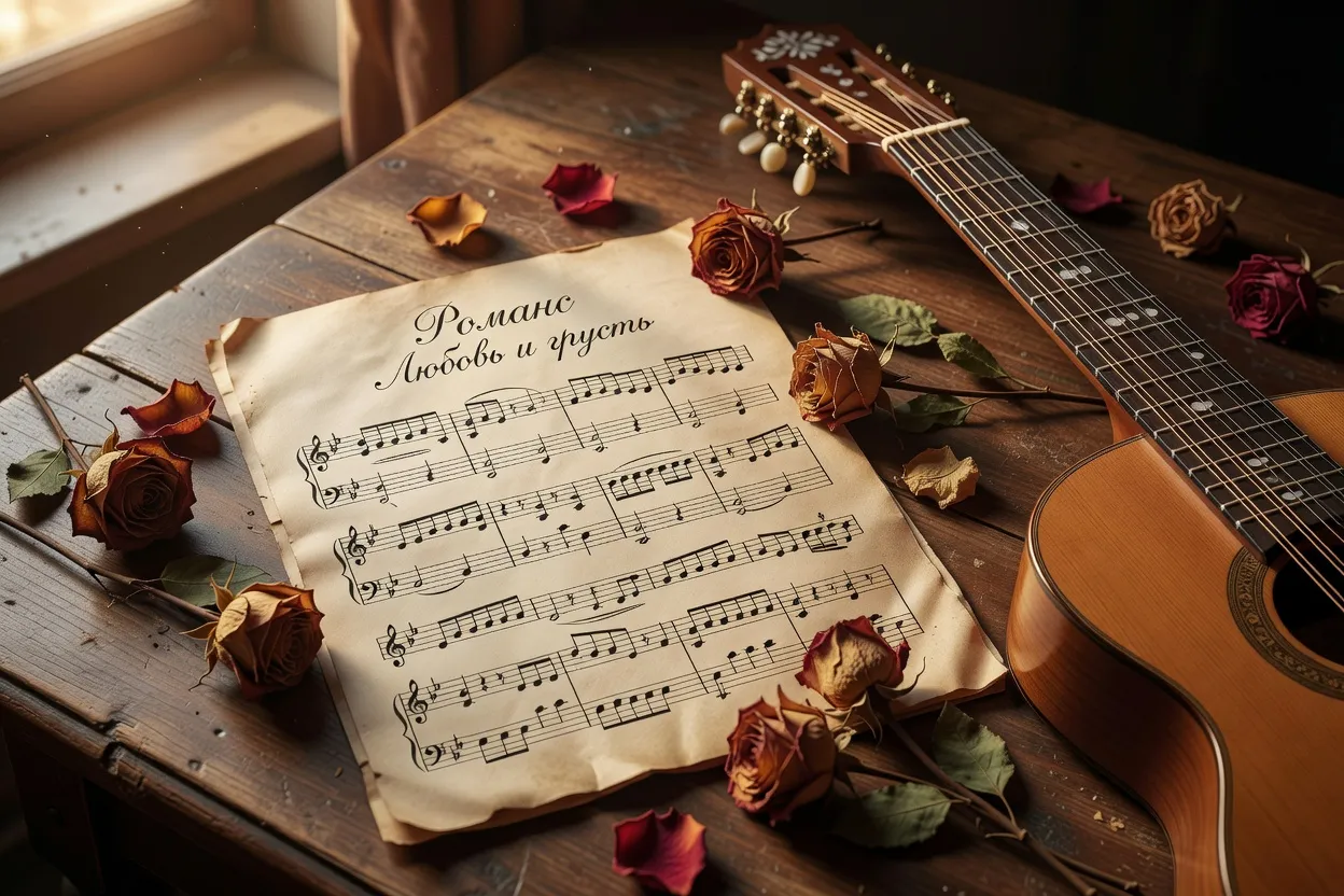 Partition manuscrite d'une romance russe du XIXe siècle, guitare à sept cordes et roses séchées
