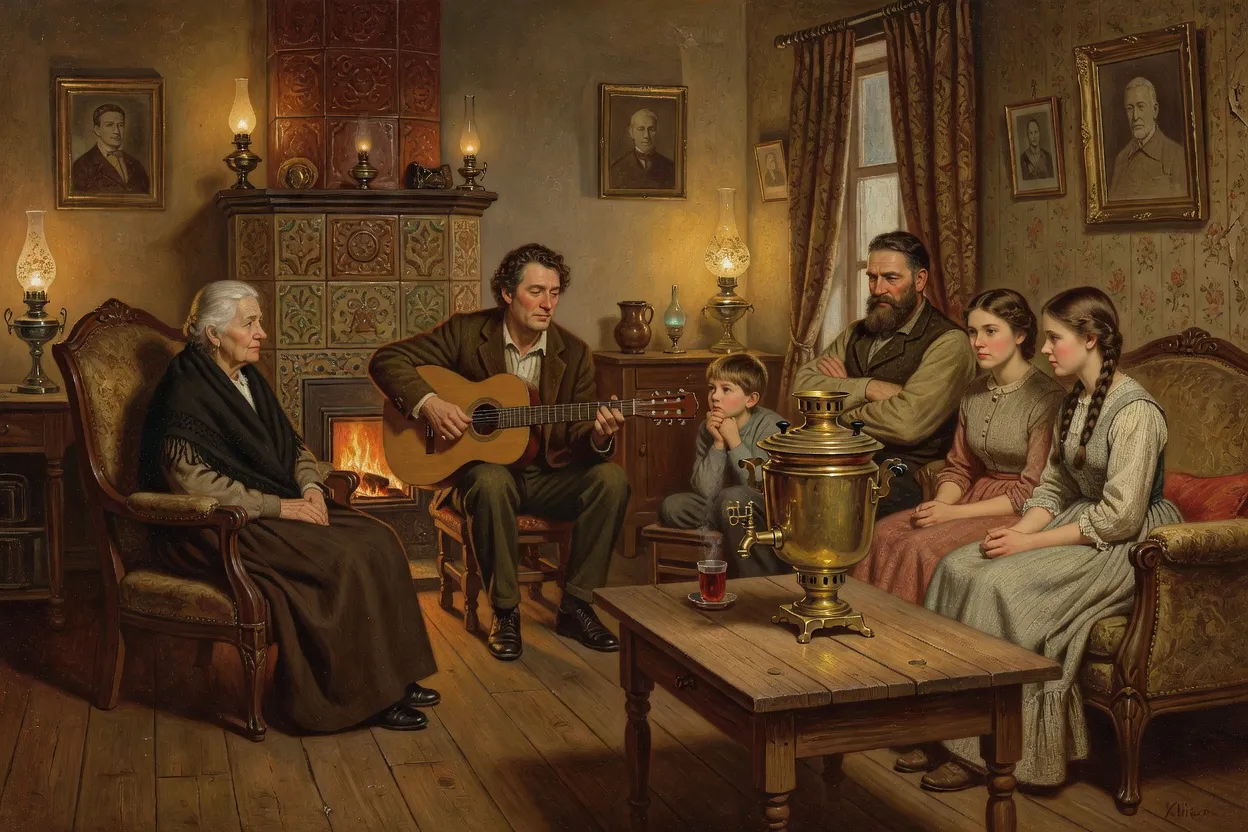 Salon provincial russe du XIXe siècle, famille rassemblée autour d'un chanteur à la guitare