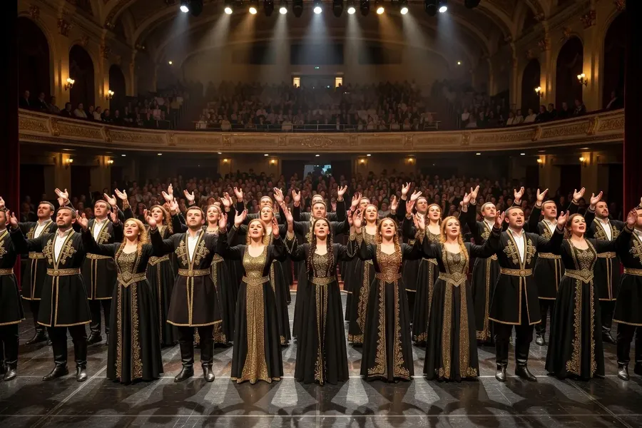 Rustavi Choir georgien sur scene en costumes noirs et dores